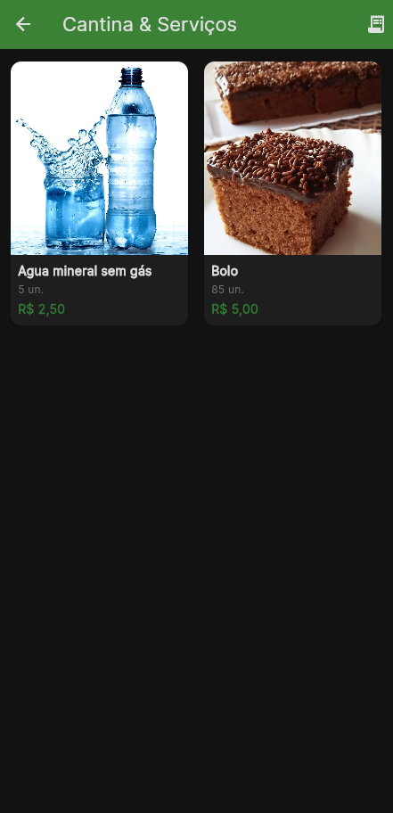 Catálogo da cantina no aplicativo, com produtos e preços