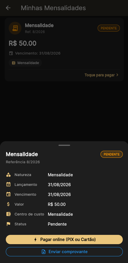 Tela de mensalidades no aplicativo do médium, com o botão de pagar online por PIX ou cartão