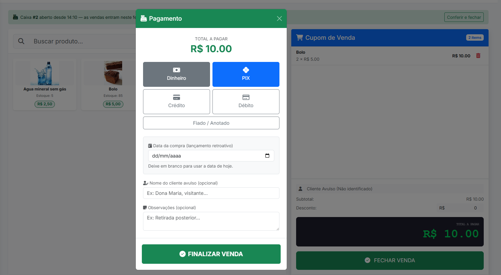 Ponto de venda da cantina com cupom aberto e as formas de pagamento